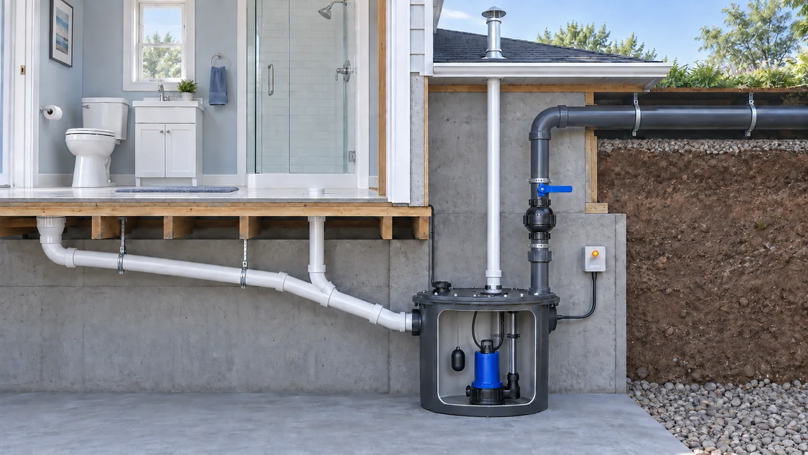 Diagram showing lower-level plumbing draining to a sealed sewage ejector basin and pumping wastewater up to the building drain