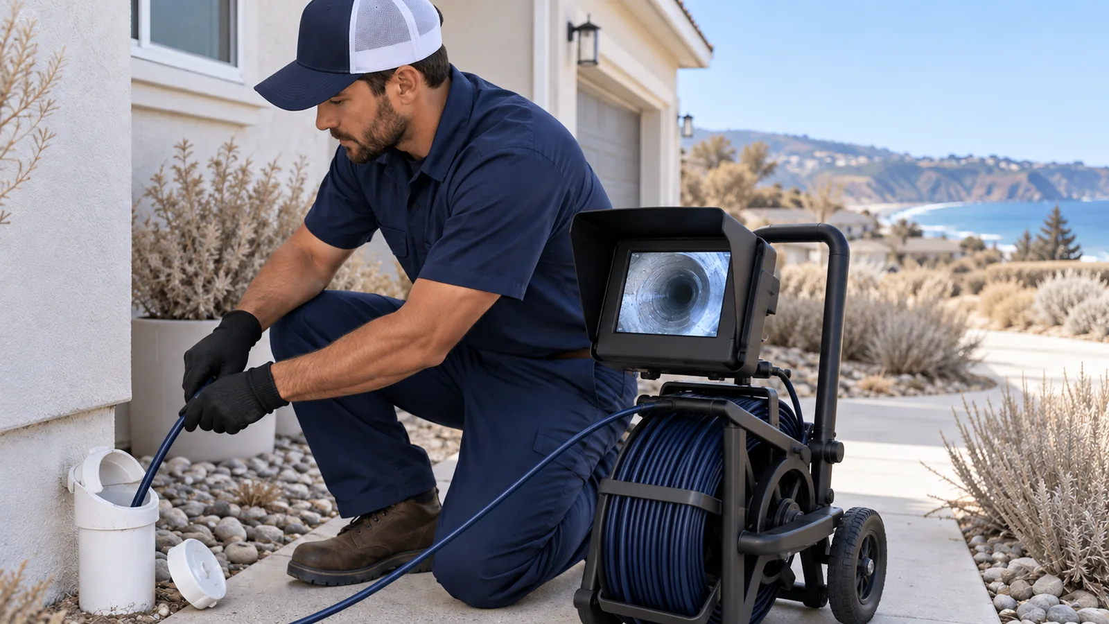 Professional residential sewer camera inspection through an exterior cleanout