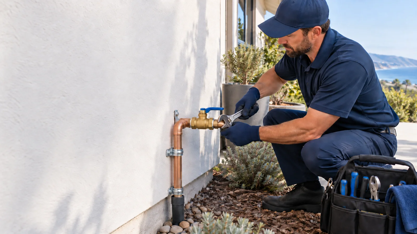 Water Fixers plumber servicing a private residential whole-house water shutoff valve
