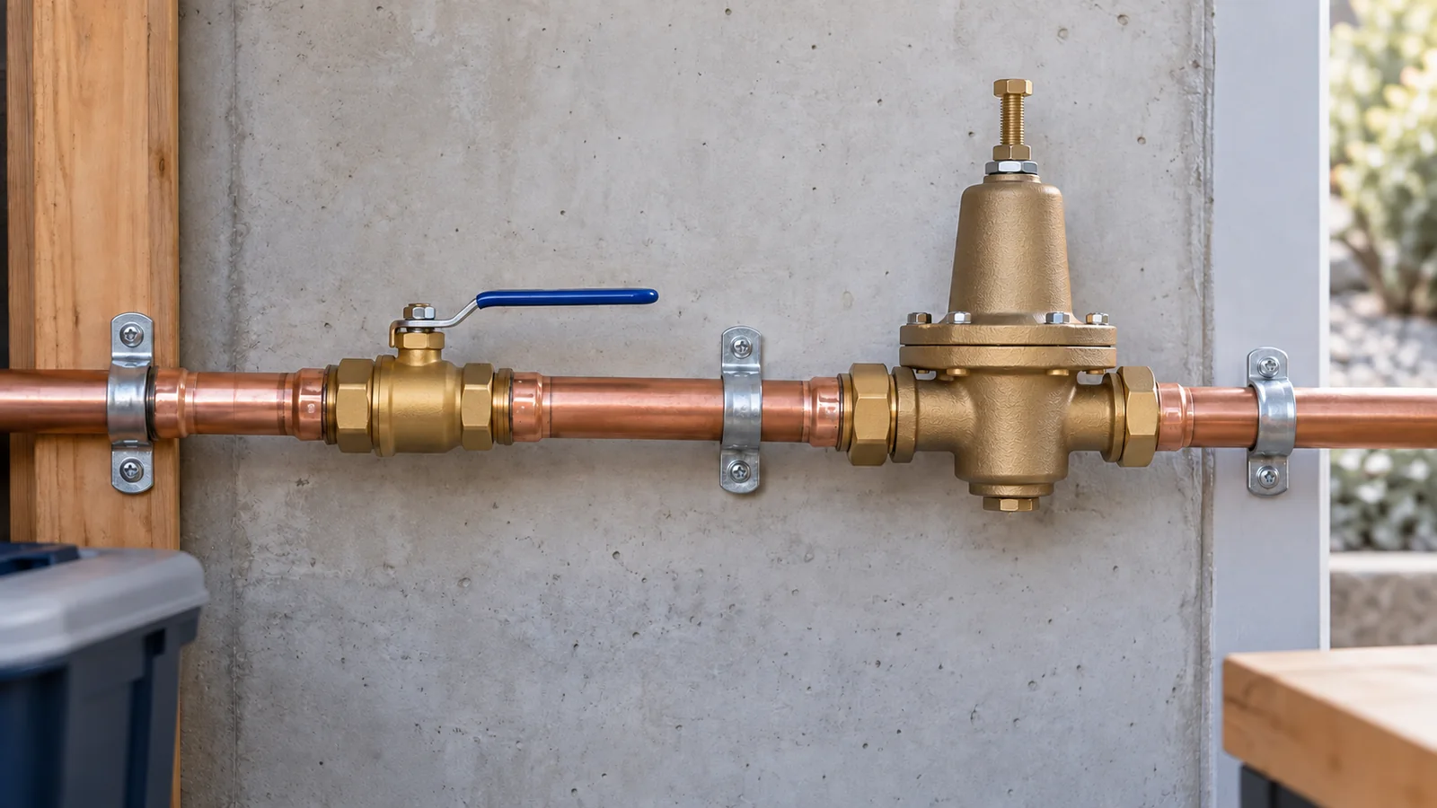 Private water shutoff valve shown separately from a residential pressure regulator