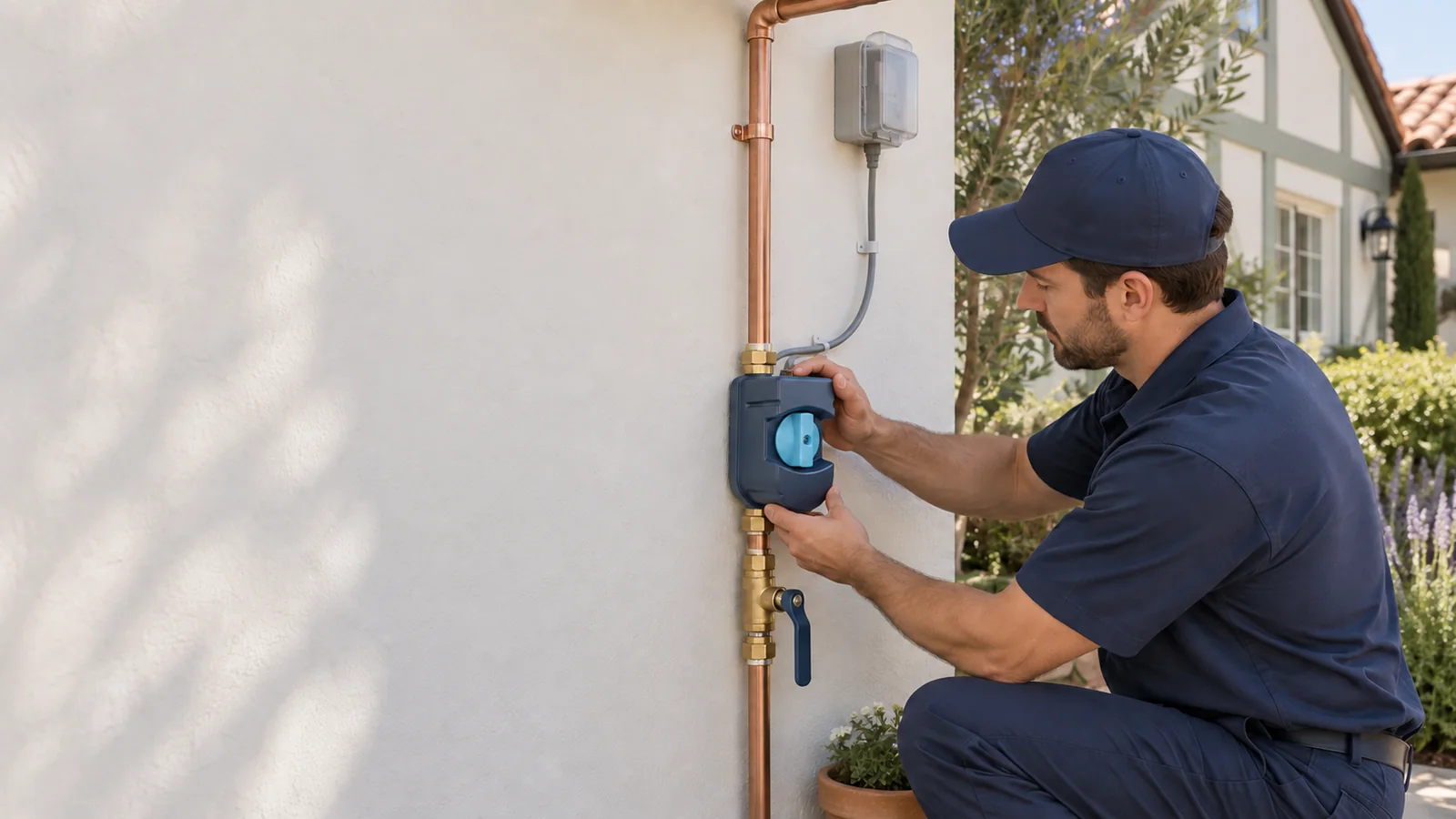 Professional Moen Flo smart water shutoff installation on private residential plumbing in Solvang