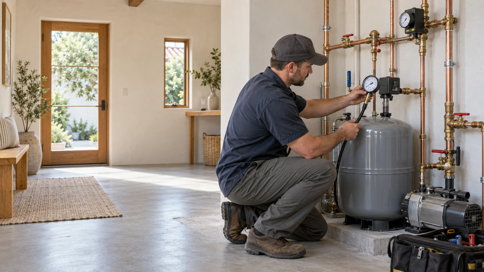 Water Fixers technician checking residential water-pressure equipment and gauges in Solvang