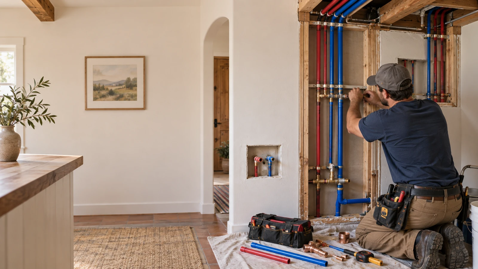Water Fixers plumber installing new residential water piping during a repiping project in Solvang, California
