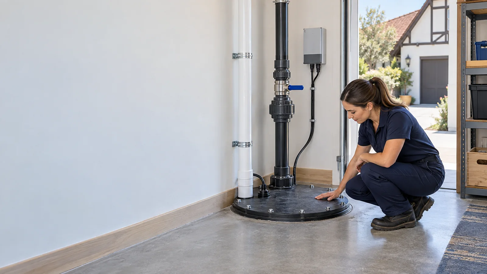 Residential sewage ejector pump service scene for Solvang with sealed basin and discharge piping