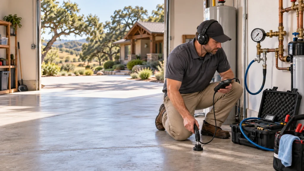 Water Fixers technician performing residential leak detection service in Templeton, California