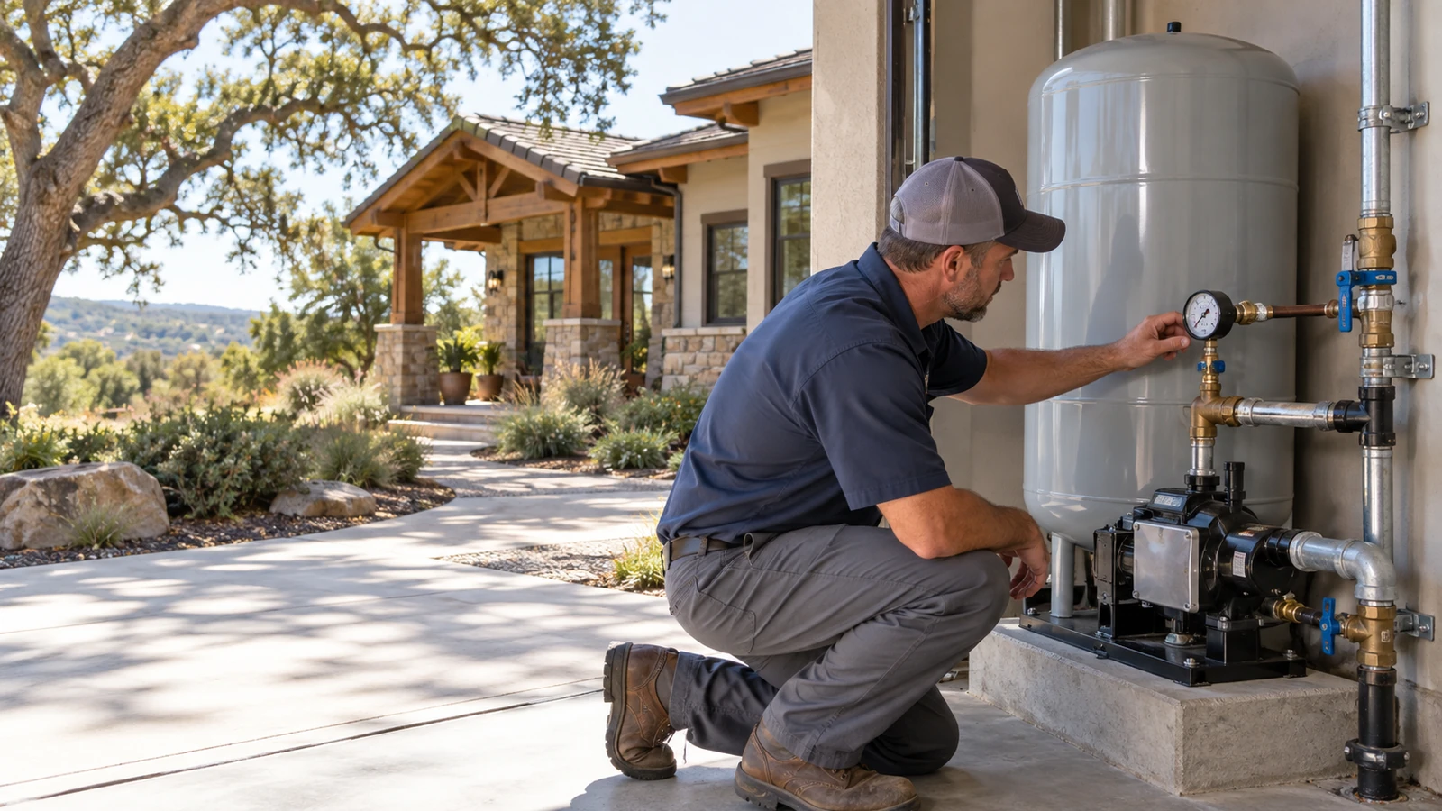 Water Fixers technician checking residential water pressure equipment and gauges at a home in Templeton, California