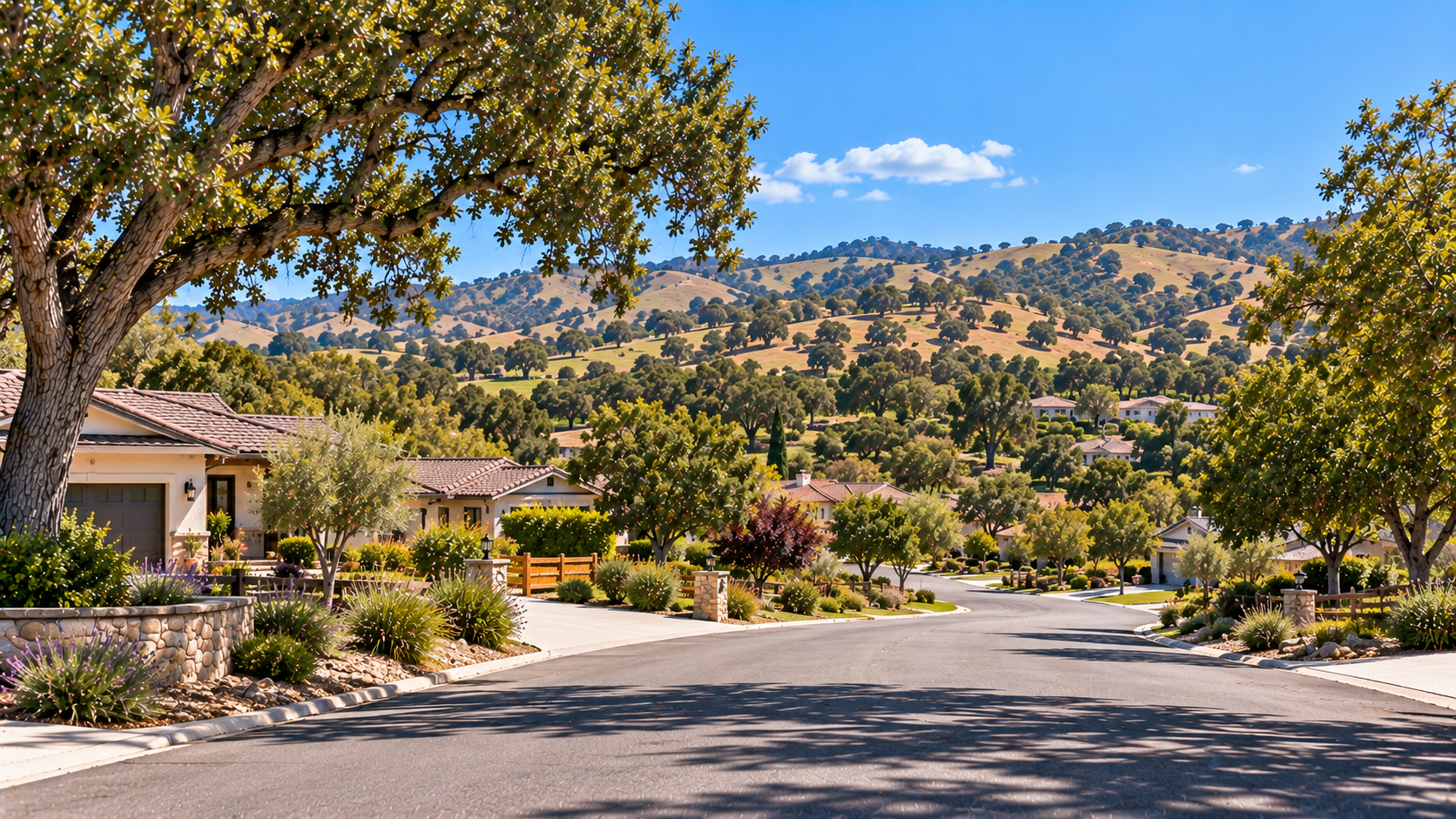 Templeton residential neighborhood with mature oak trees and rolling North County hills