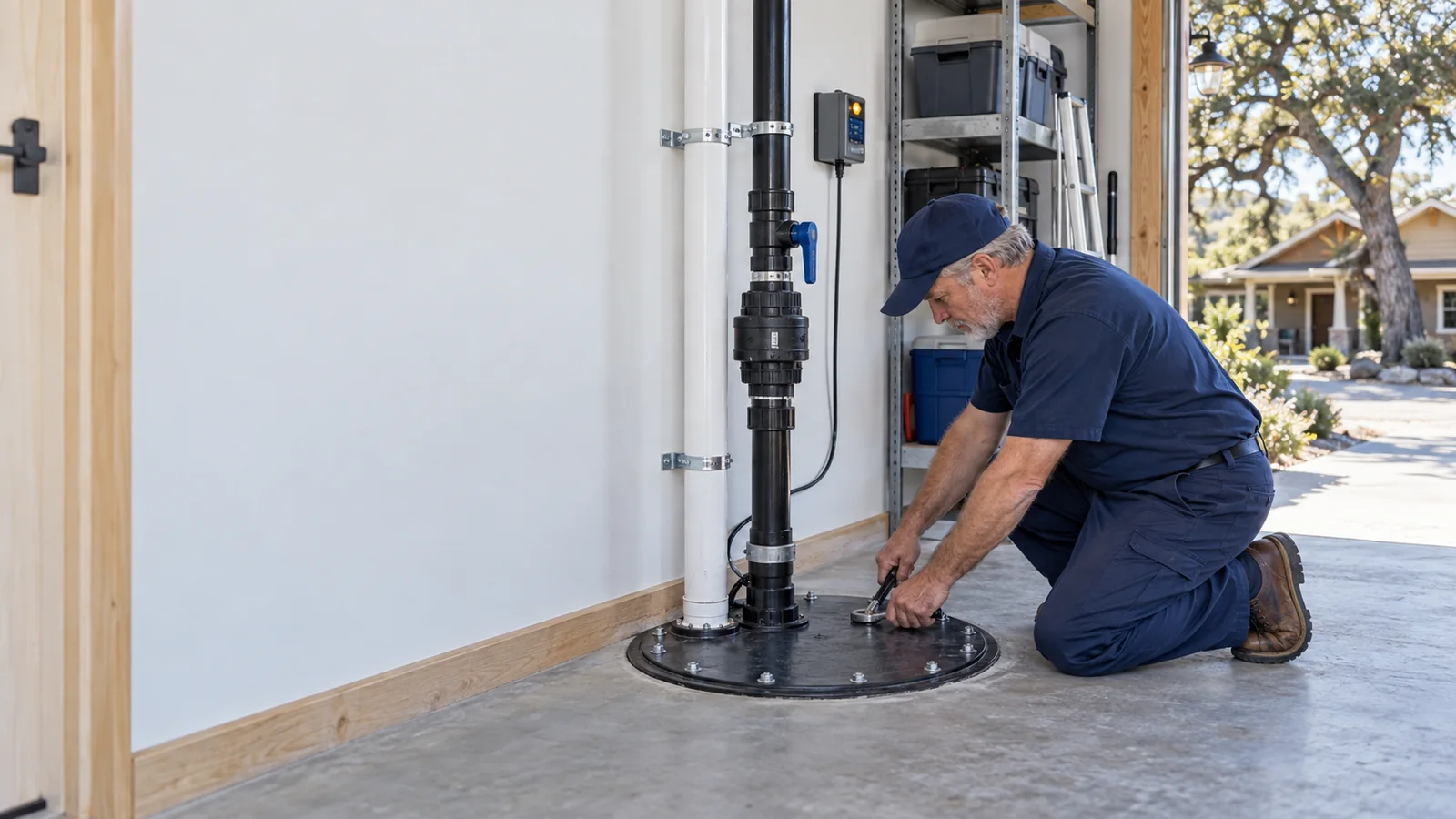 Residential sewage ejector pump service scene for Templeton with sealed basin and discharge piping