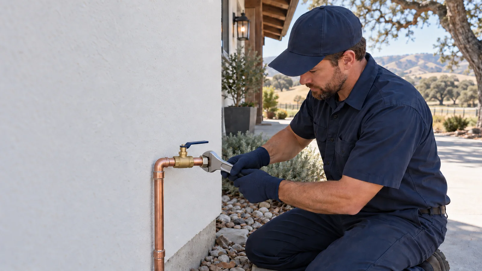 Water Fixers plumber servicing a private residential water shutoff valve in Templeton