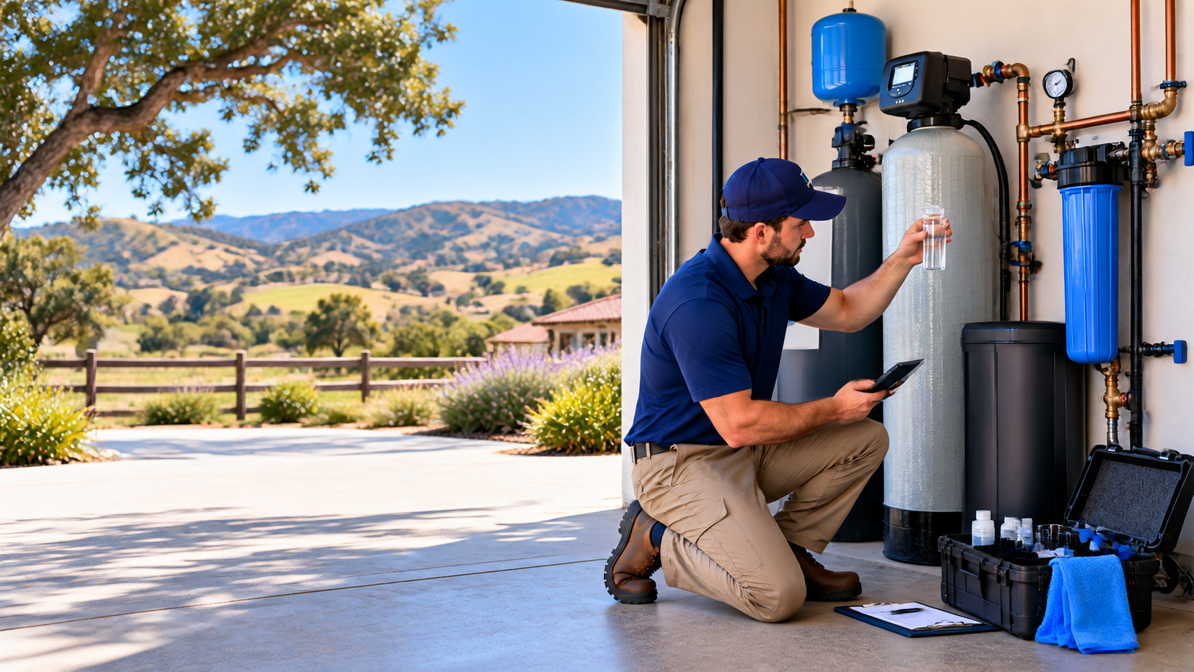 Technician servicing residential water treatment equipment in Templeton