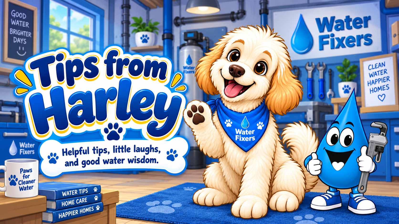 Harley, the Water Fixers shop dog, introducing Tips From Harley