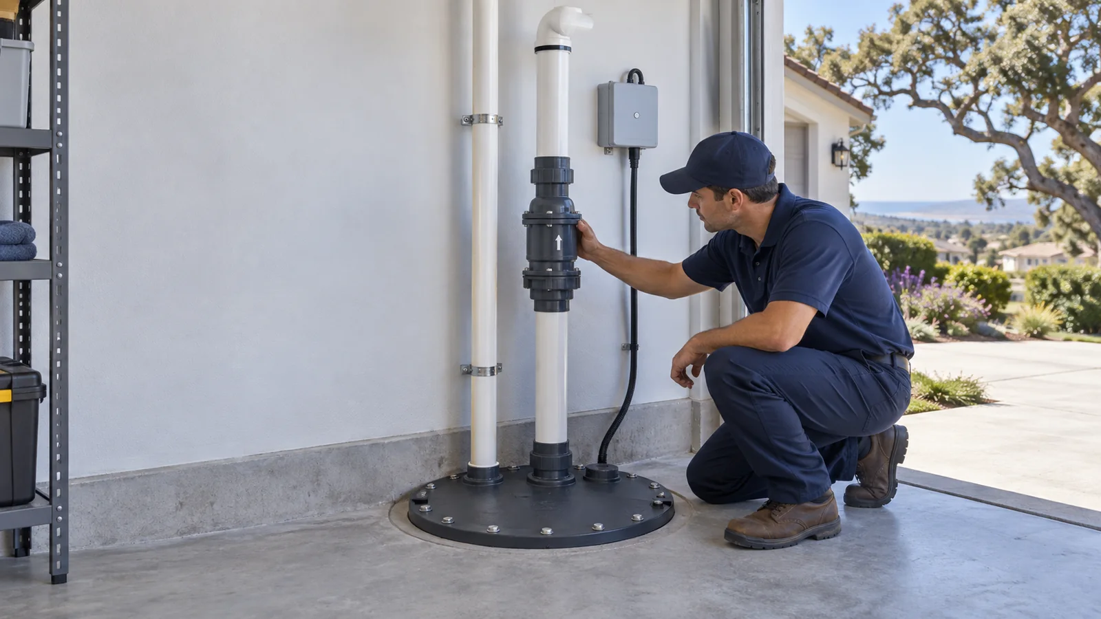 Residential sewage ejector pump service scene for Vandenberg Village with sealed basin and discharge piping