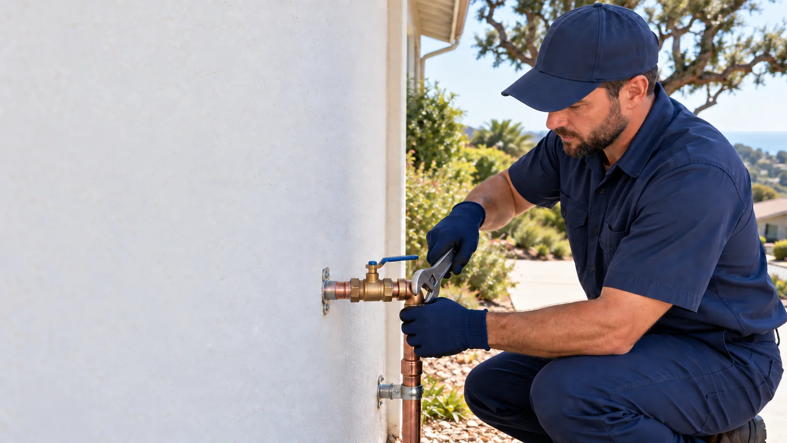 Water Fixers plumber servicing a private residential water shutoff valve in Vandenberg Village