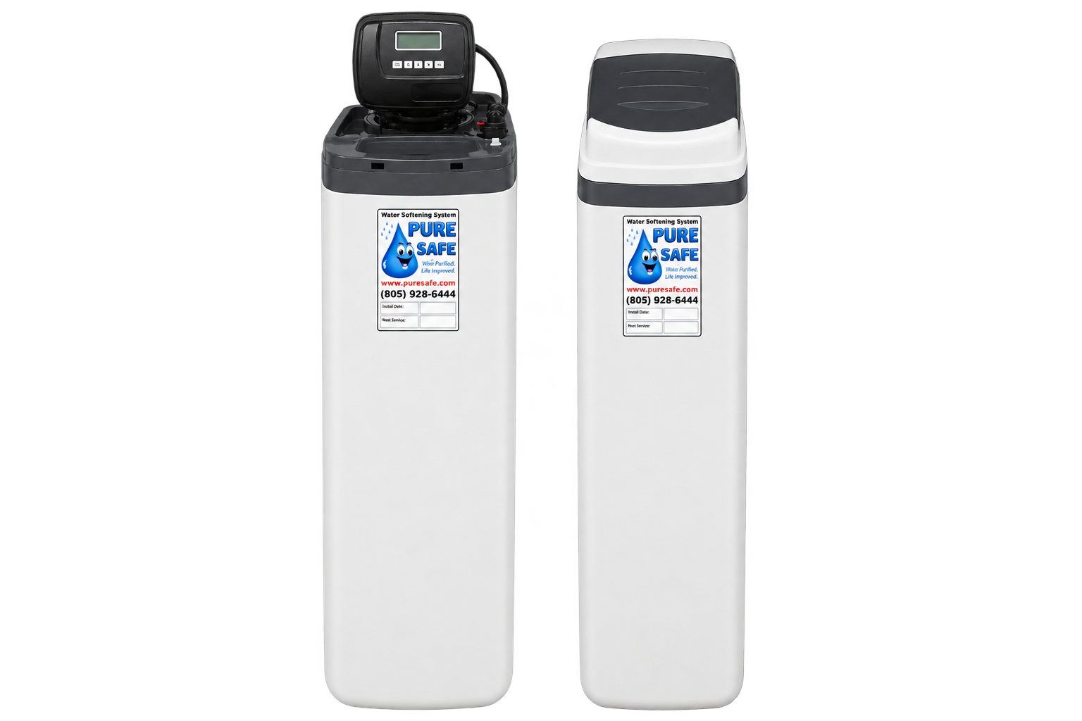 SoftFlo SEC all-in-one cabinet water softener shown with cover removed and installed