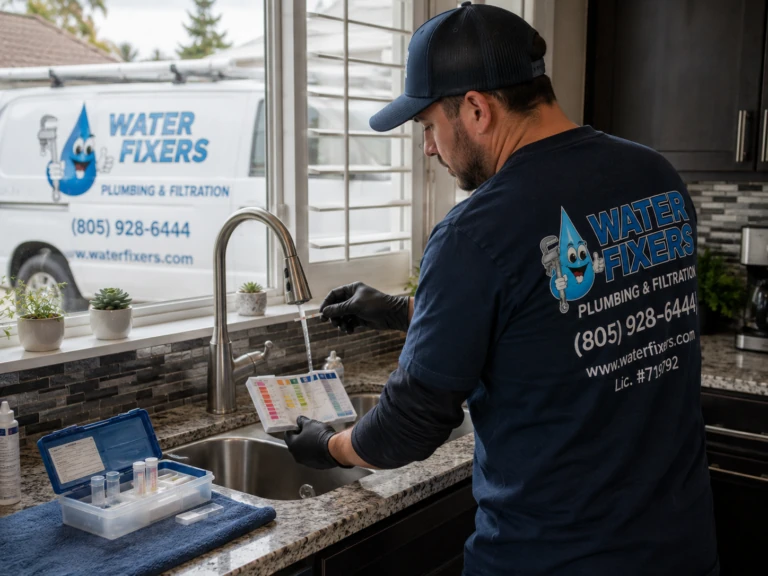 Water Fixers technician testing tap water at a kitchen sink