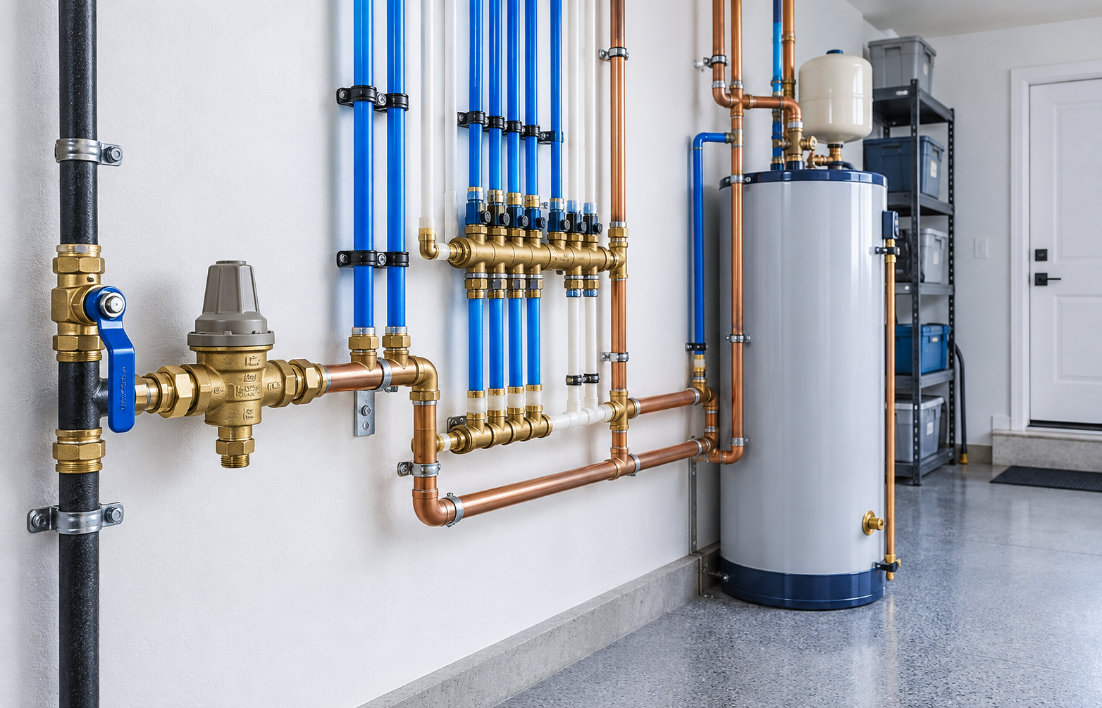 Residential pressure regulator valve and main shutoff on organized water-supply piping