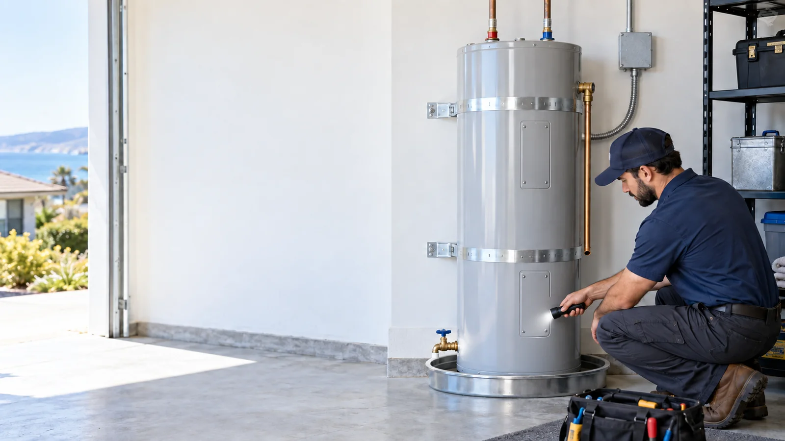Professional plumber diagnosing a conventional residential storage-tank water heater