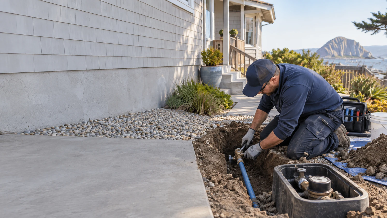 Technician working on a buried residential water service line at a Morro Bay home