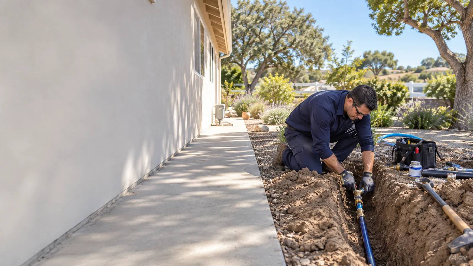 Technician working on a buried residential water service line at an Orcutt home