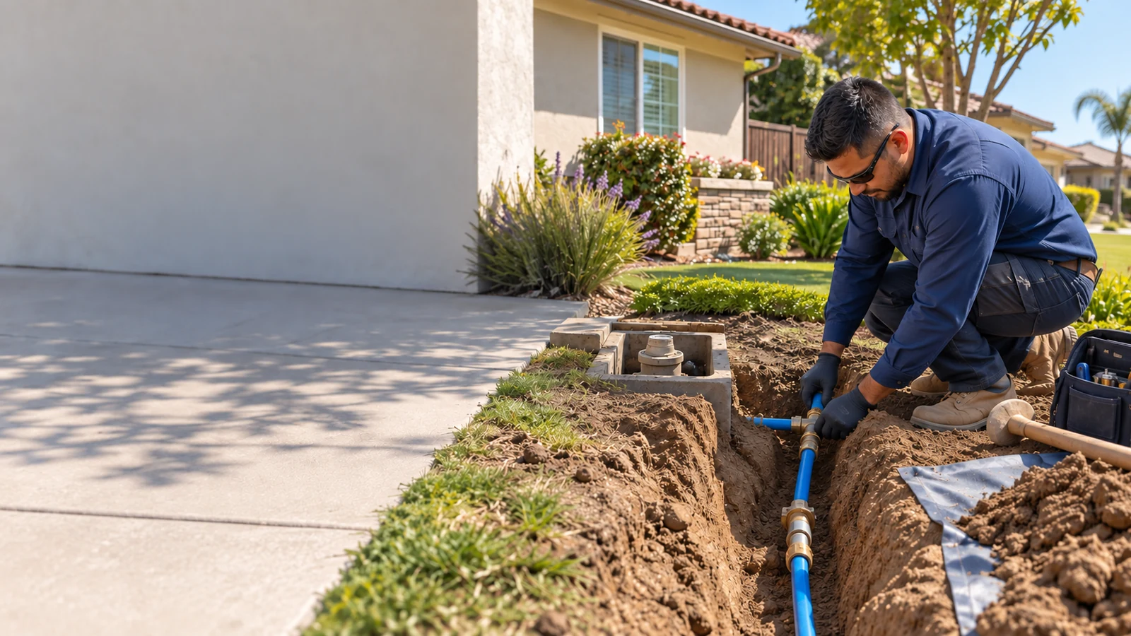 Technician working on a buried residential water service line in Santa Maria
