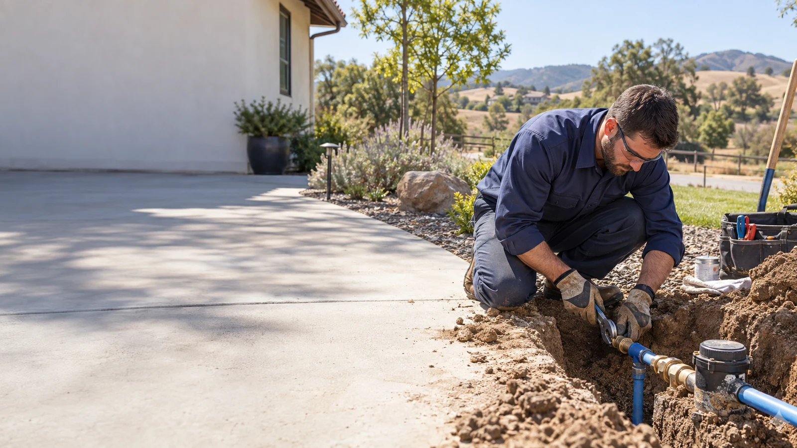 Illustration of a technician working on buried residential water-service piping in Templeton