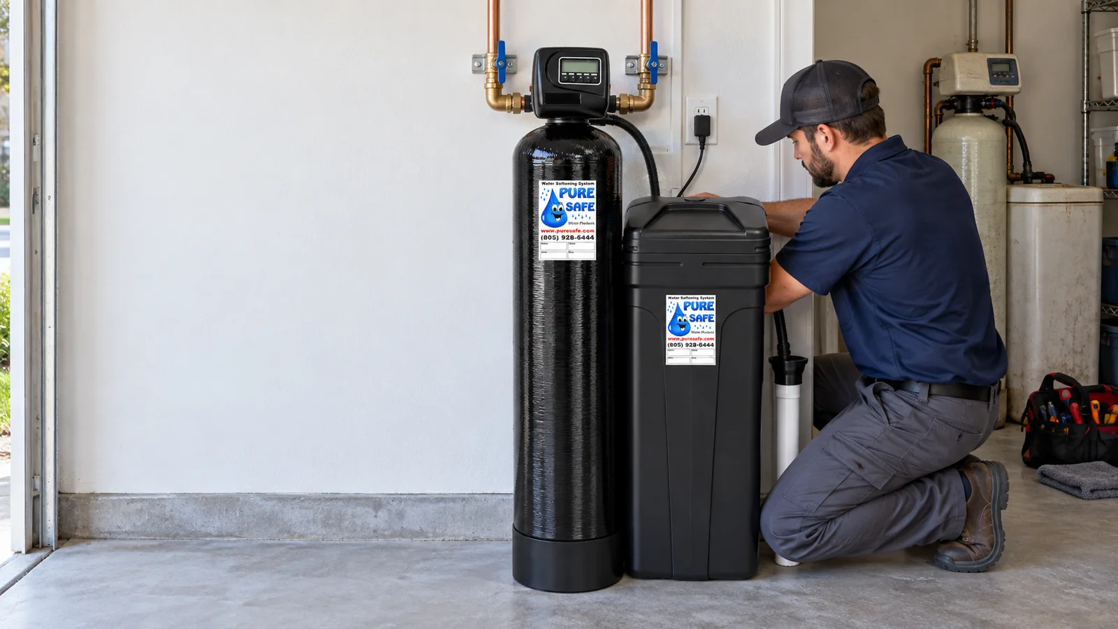 Water Fixers technician installing a residential water softener on the Central Coast