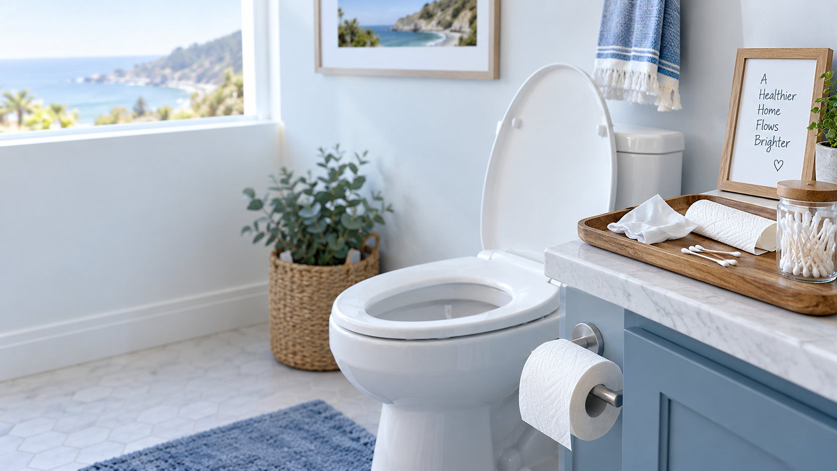 Clean residential toilet illustrating what should and should not be flushed