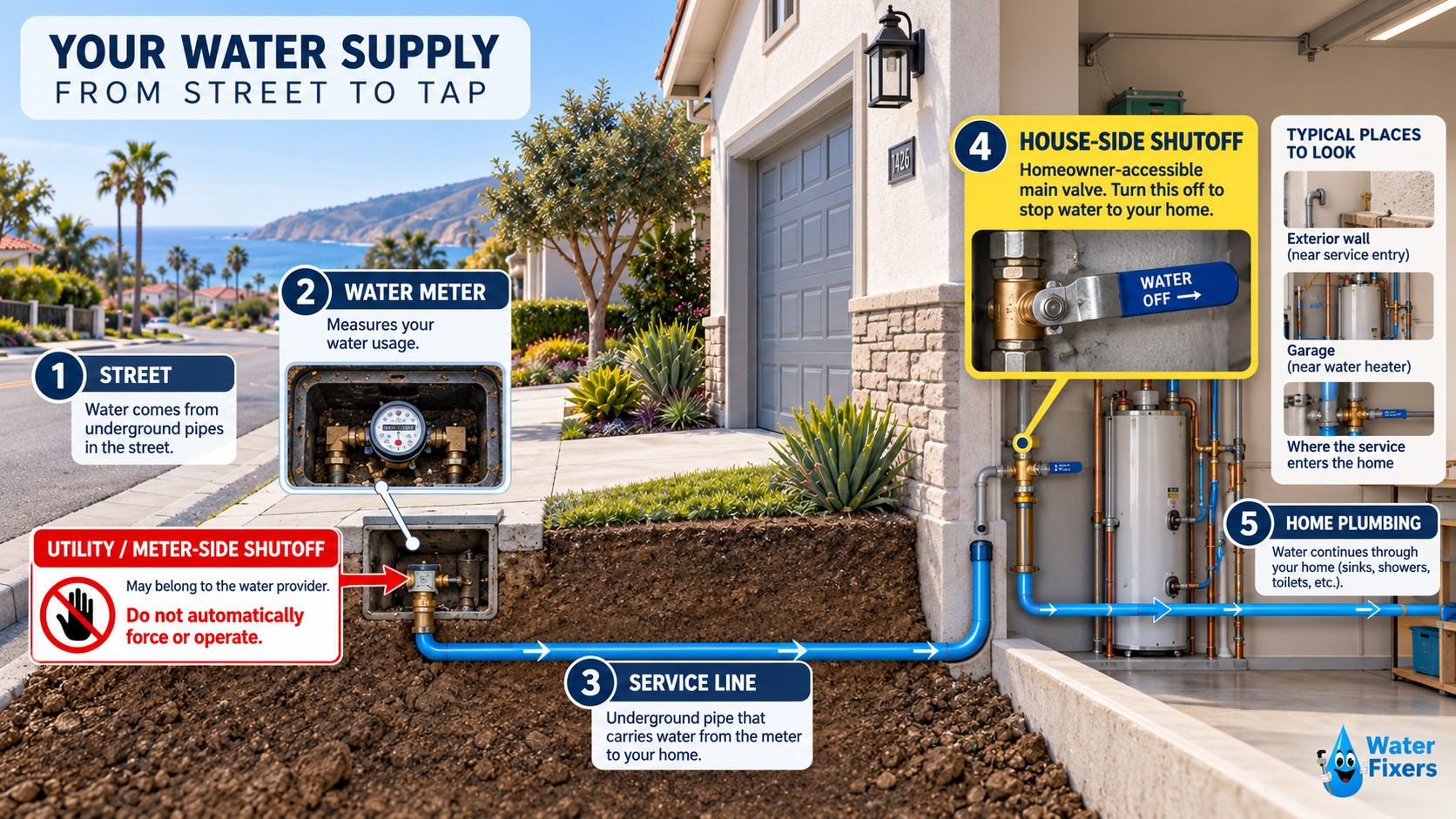 Diagram showing where to look for a home main water shutoff from the meter toward the house