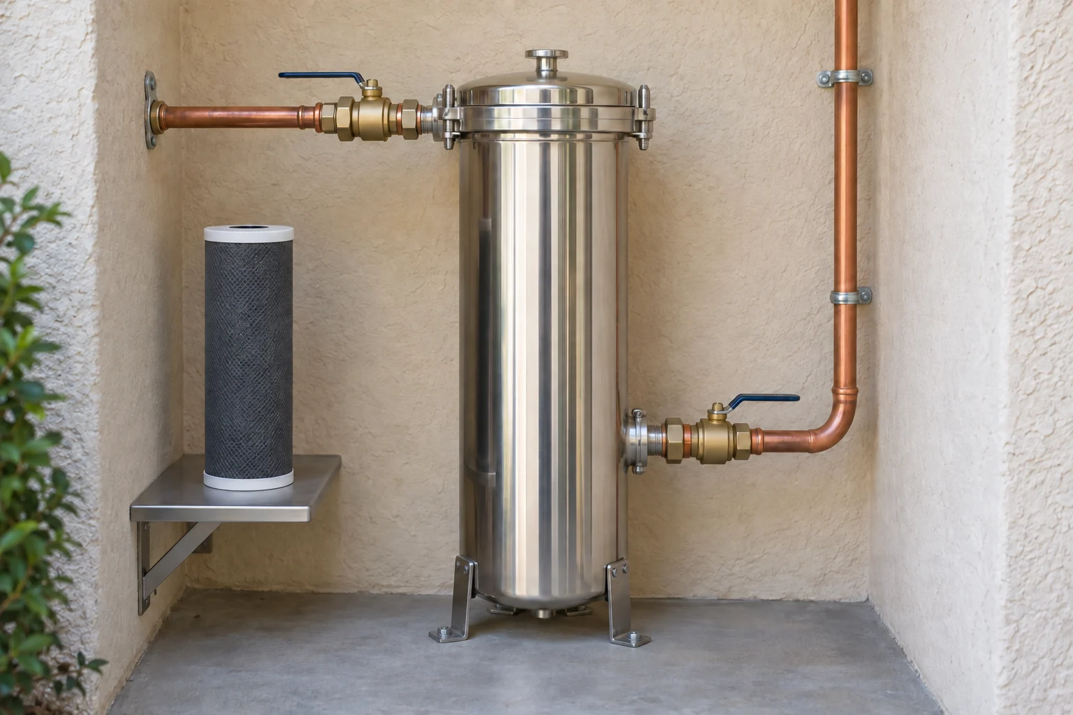 Professional whole-house carbon filtration system on a residential main water line