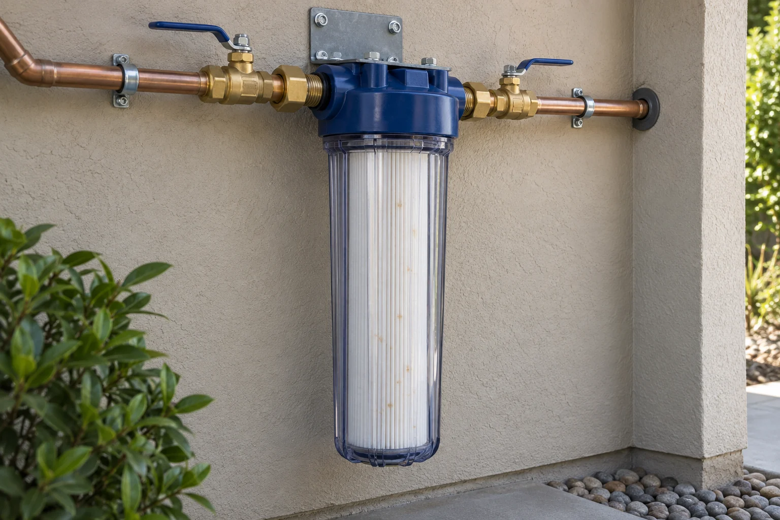 Professional whole-house sediment filter system on a residential main water line