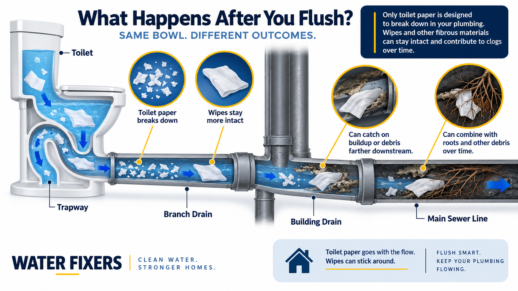 Diagram showing toilet paper dispersing while a wipe remains intact through a toilet and drain-to-sewer path
