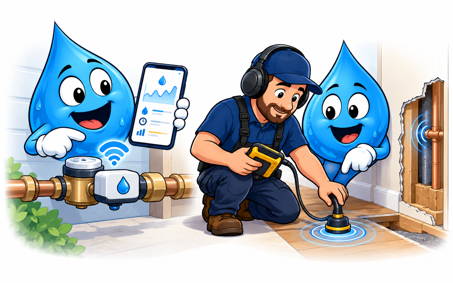 Water Fixers Drop Guy comparing smart leak monitoring with professional leak detection equipment