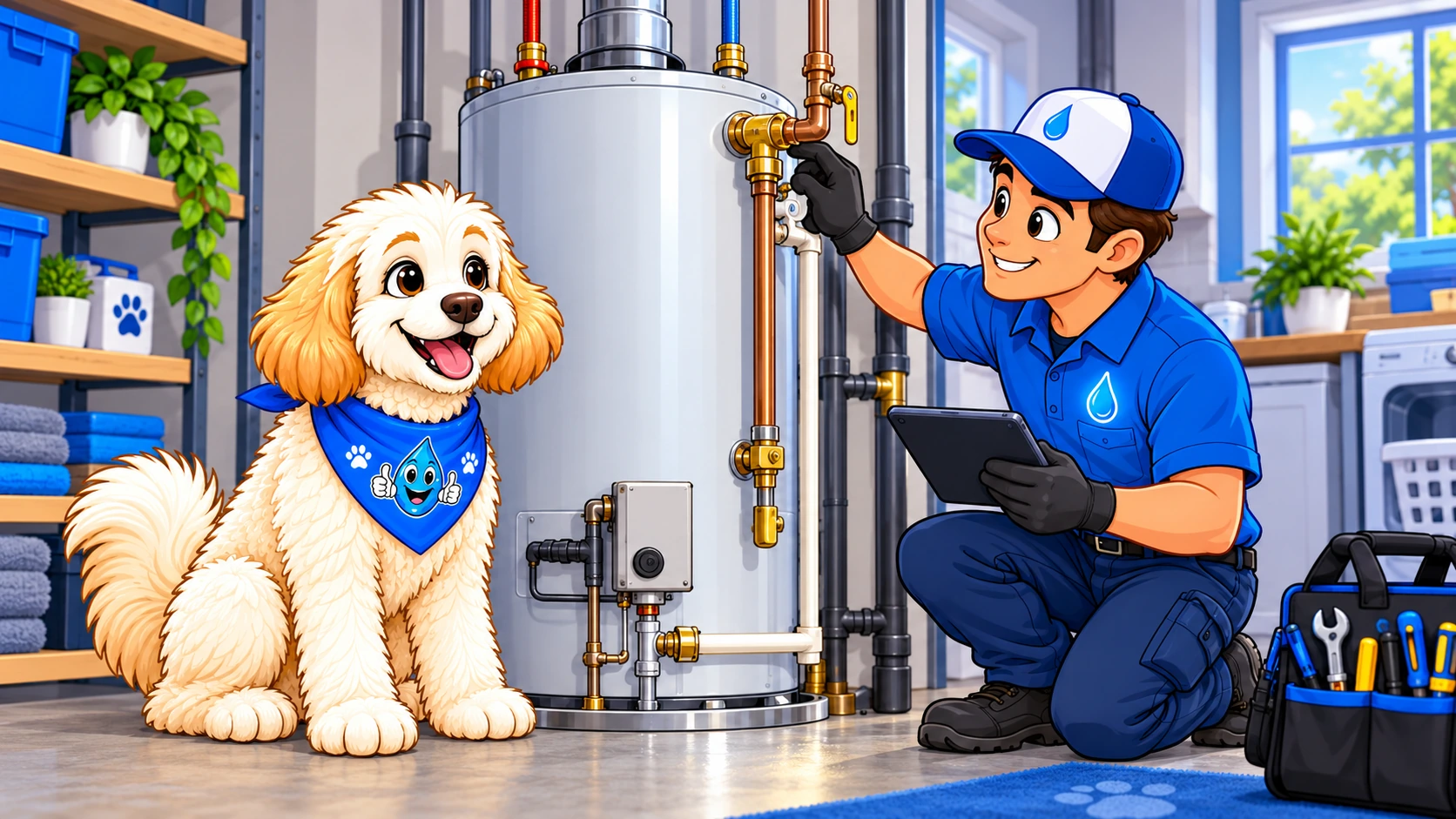 Water Fixers technician inspecting a residential water heater with Harley nearby