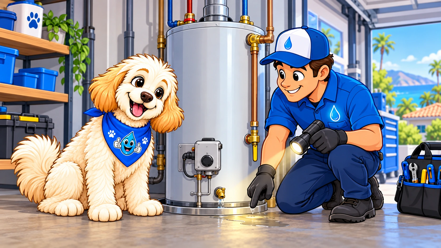 Harley beside a residential water heater while a Water Fixers technician checks warning signs
