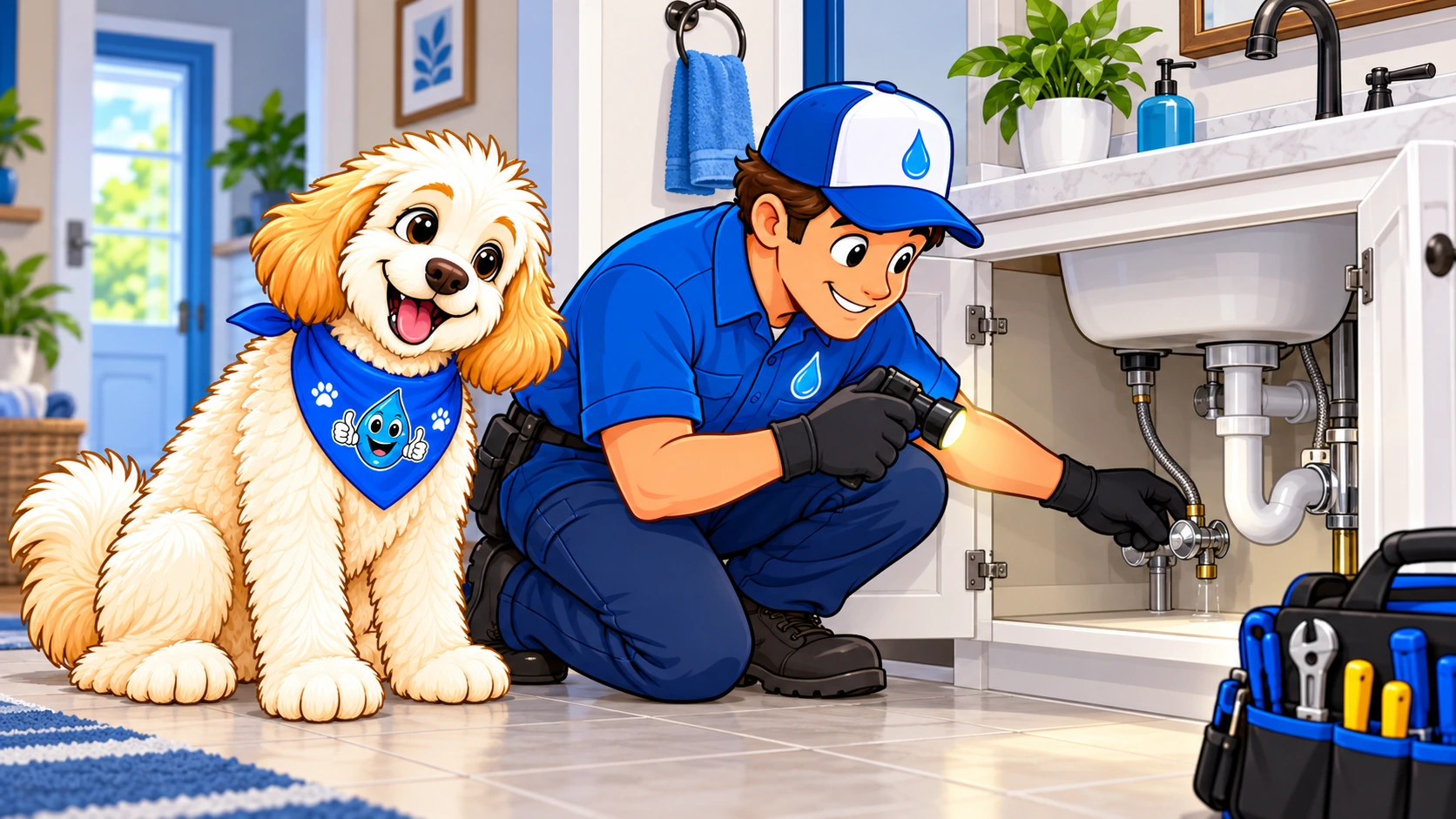 Harley beside a Water Fixers technician checking an under-sink plumbing connection