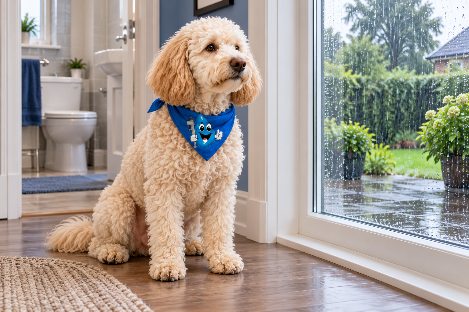 Harley watches rain from a dry hallway near a bathroom.