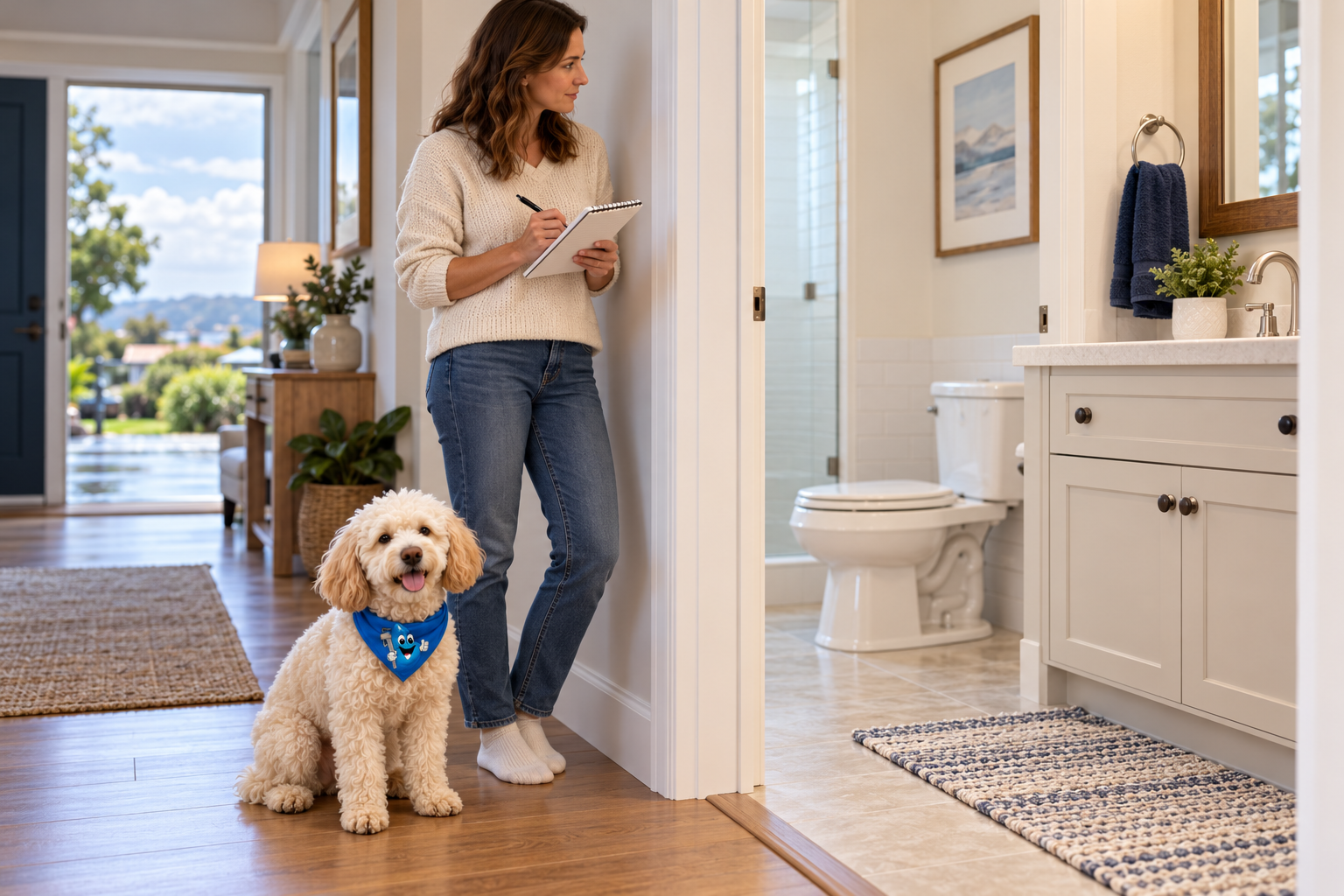 Harley sits in a dry hallway while a homeowner records observations near a bathroom sink and toilet.