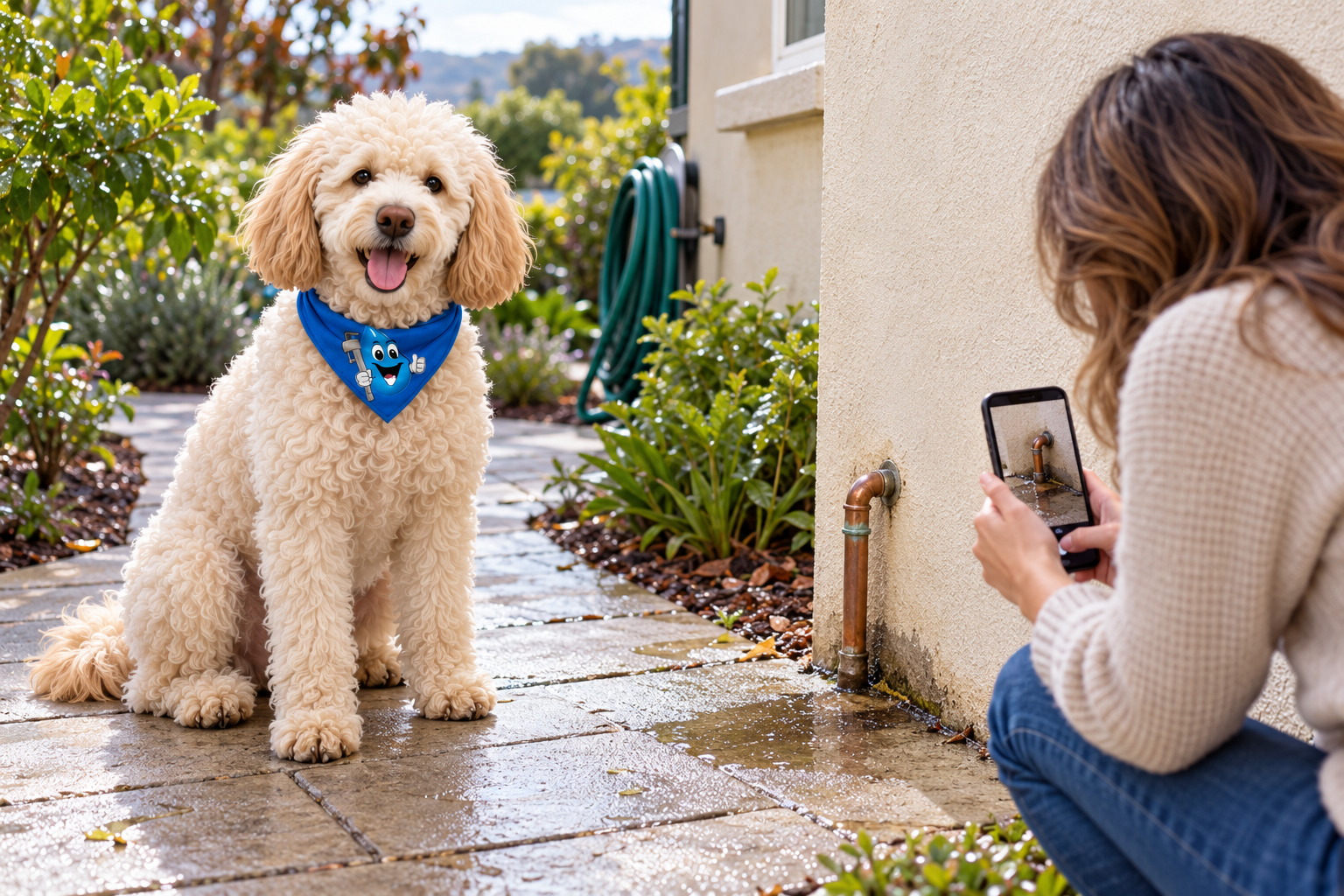 Harley watches from a side-yard path while a homeowner photographs moisture near the home’s water-service entry.