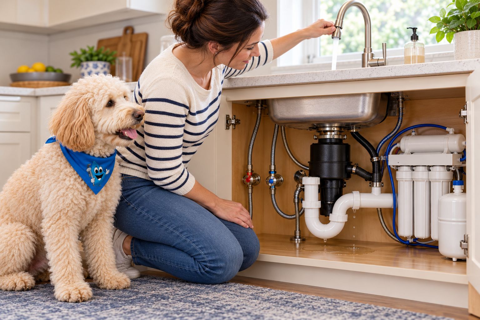 Homeowner running a kitchen faucet while Harley watches the open sink cabinet for new drips
