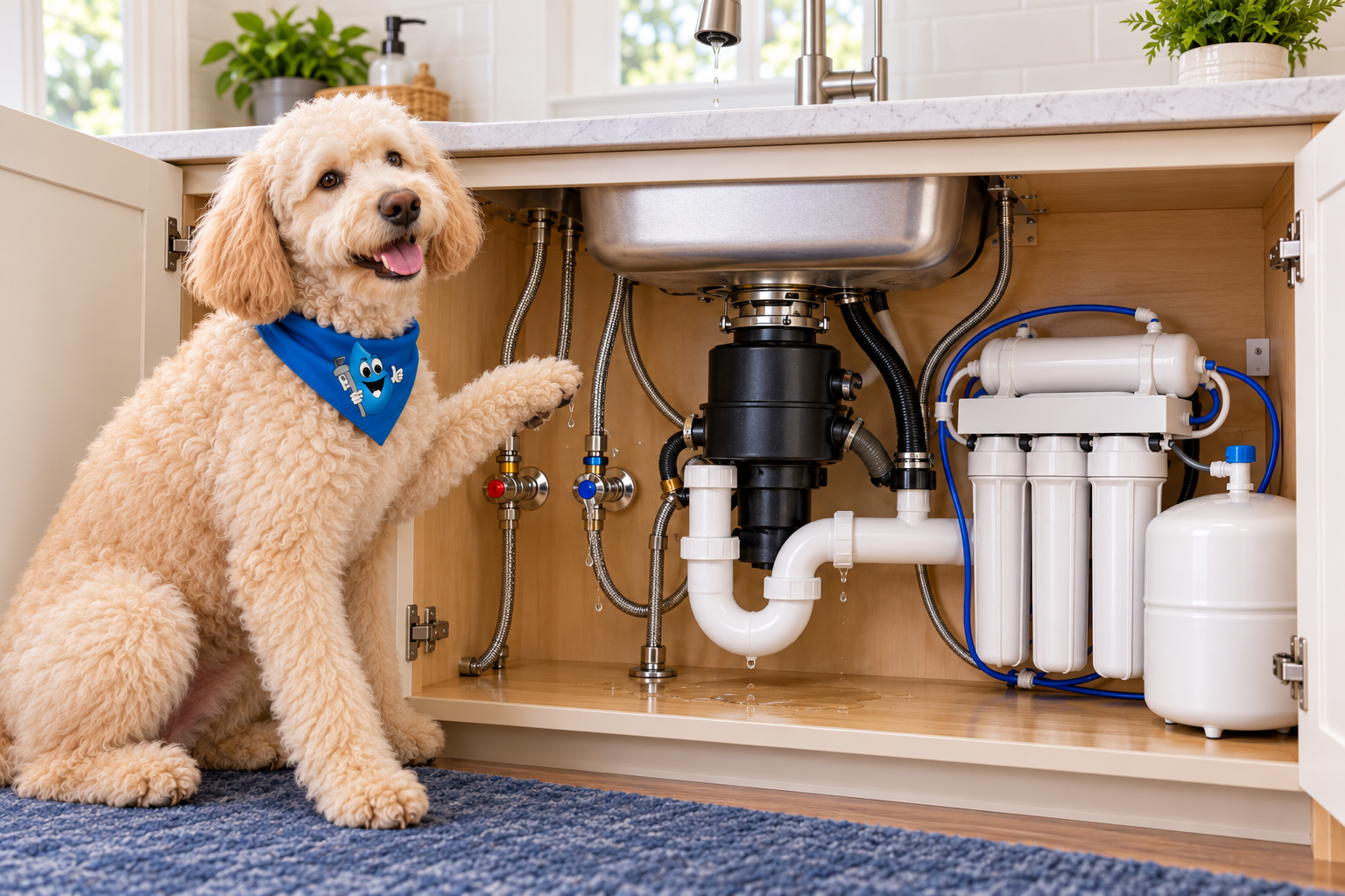 Harley inspecting an open sink cabinet with faucet supply connections, drain plumbing, disposal and reverse osmosis system visible