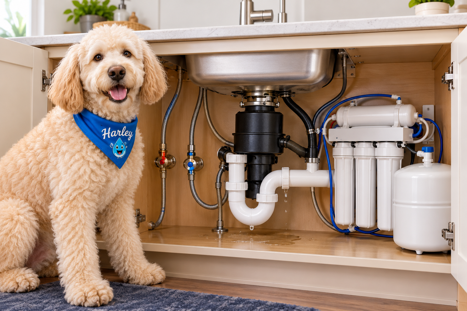 Harley beside an open kitchen sink cabinet with visible plumbing, disposal and reverse osmosis equipment