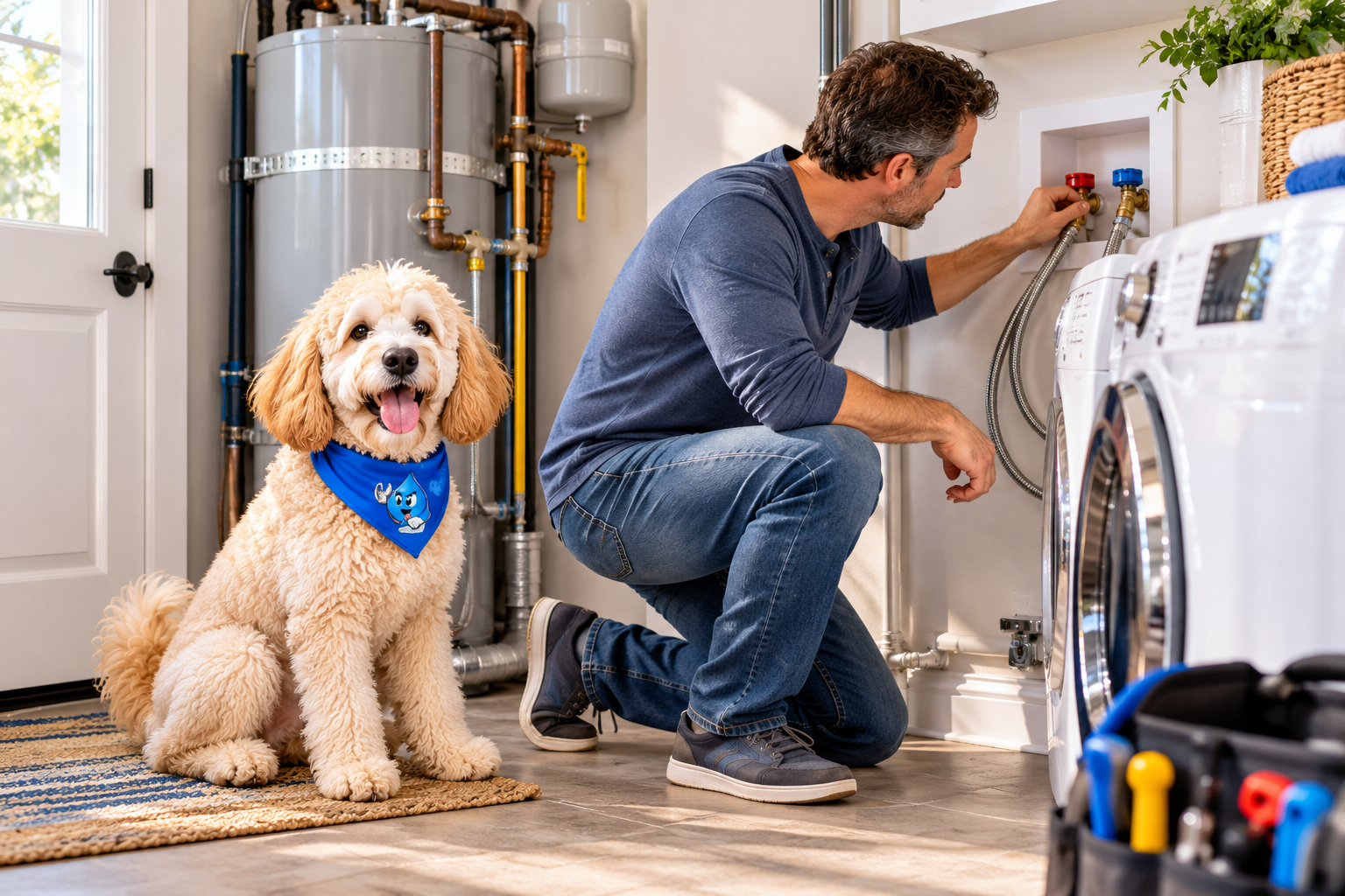 Harley in a laundry room while a homeowner checks washer supply hoses, accessible shutoffs, and nearby plumbing before a trip