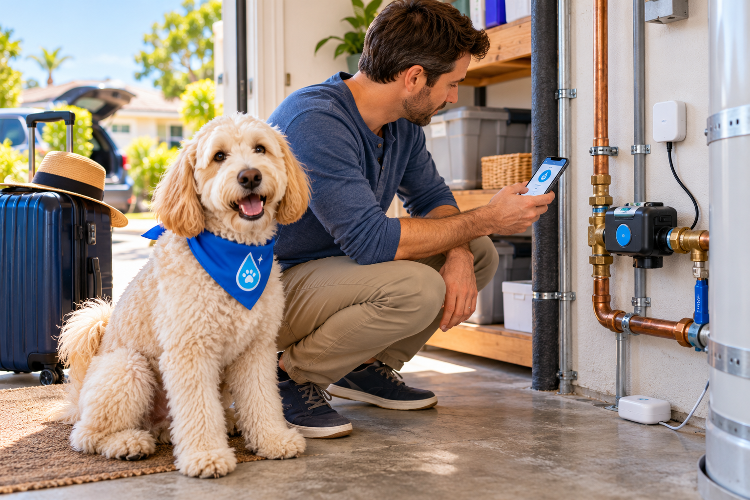 Harley beside luggage while a homeowner checks a smart water monitoring and automatic shutoff system before vacation