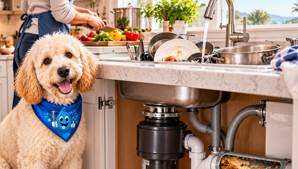 Busy kitchen sink during large-meal preparation with dishes, running water and under-sink plumbing visible