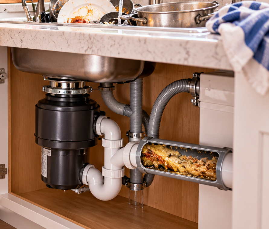 Close view of a kitchen sink drain, disposal, trap and partially restricted drain path during heavy use