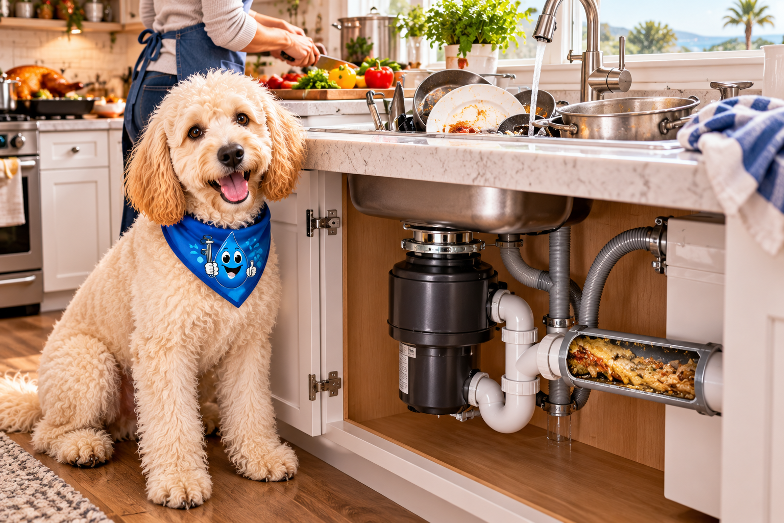Harley beside a busy kitchen sink while meal prep and dishwashing put a partially restricted drain under heavier use