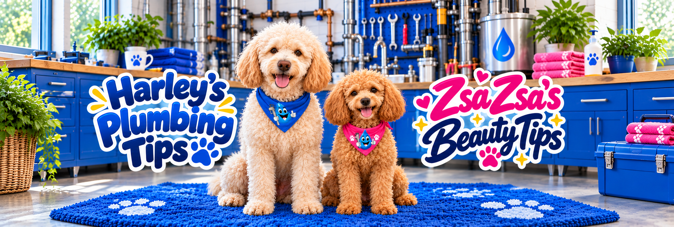 Harley, the larger dog in a blue scarf, and Zsa Zsa, the smaller dog in a pink scarf, sharing plumbing and beauty tips from Water Fixers.