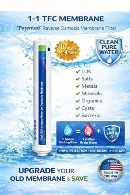 1:1 TFC membrane water filter with graphics explaining filtration features