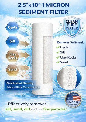 1 micron sediment water filter with graphics explaining filtration features