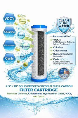 5 micron carbon block water filter with graphics explaining filtration features